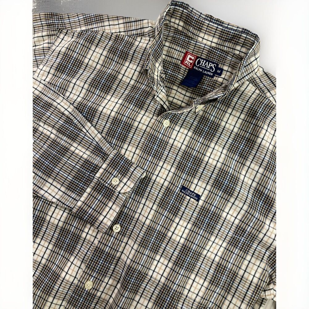 Vintage Chaps Ralph Lauren Mens M Brown Plaid Button Up Shirt Preppy Classic